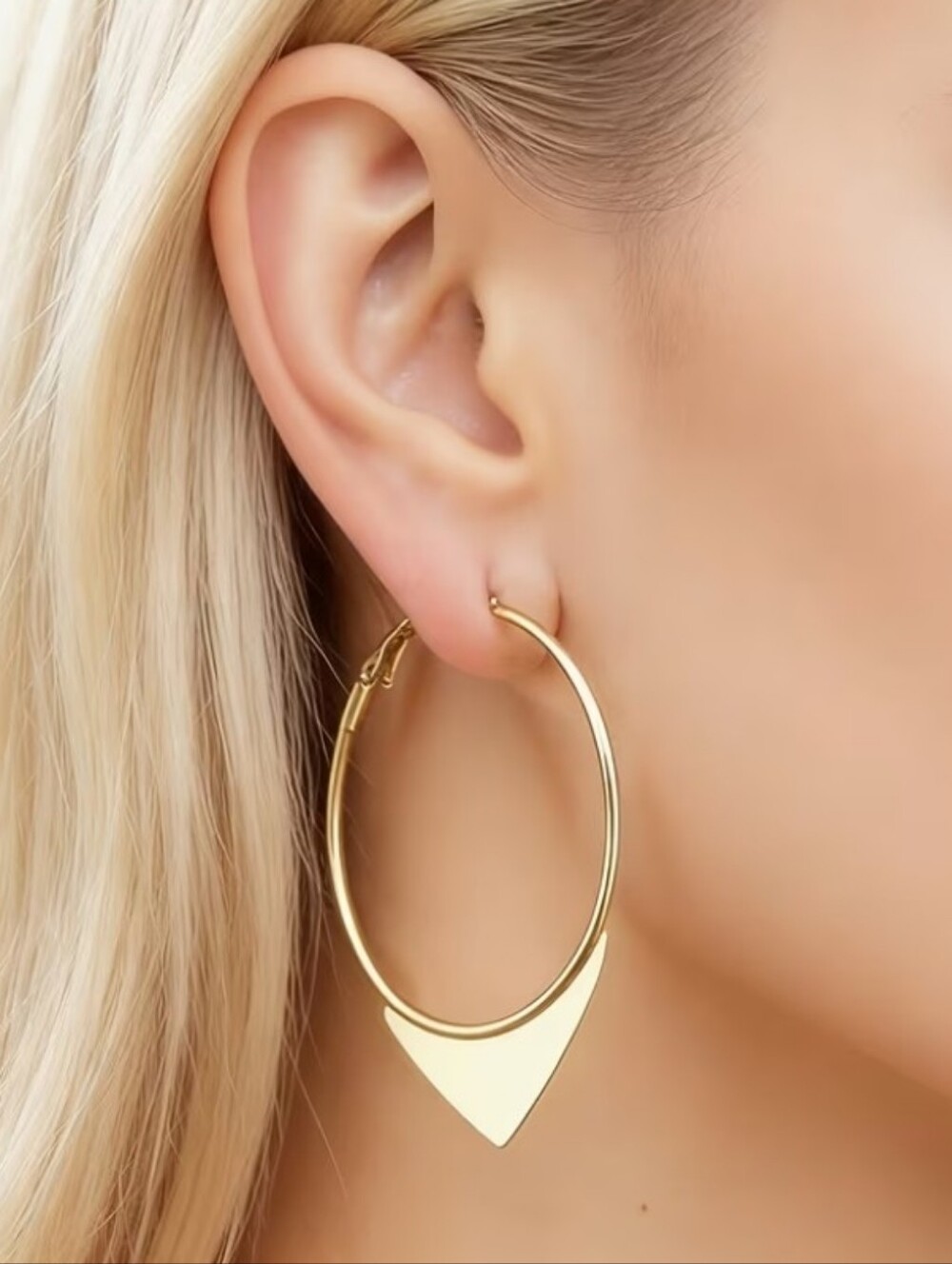 NEW! Geometric Gold Satin Finish Hoop Earrings with Chevron Drop - Women Jewelry